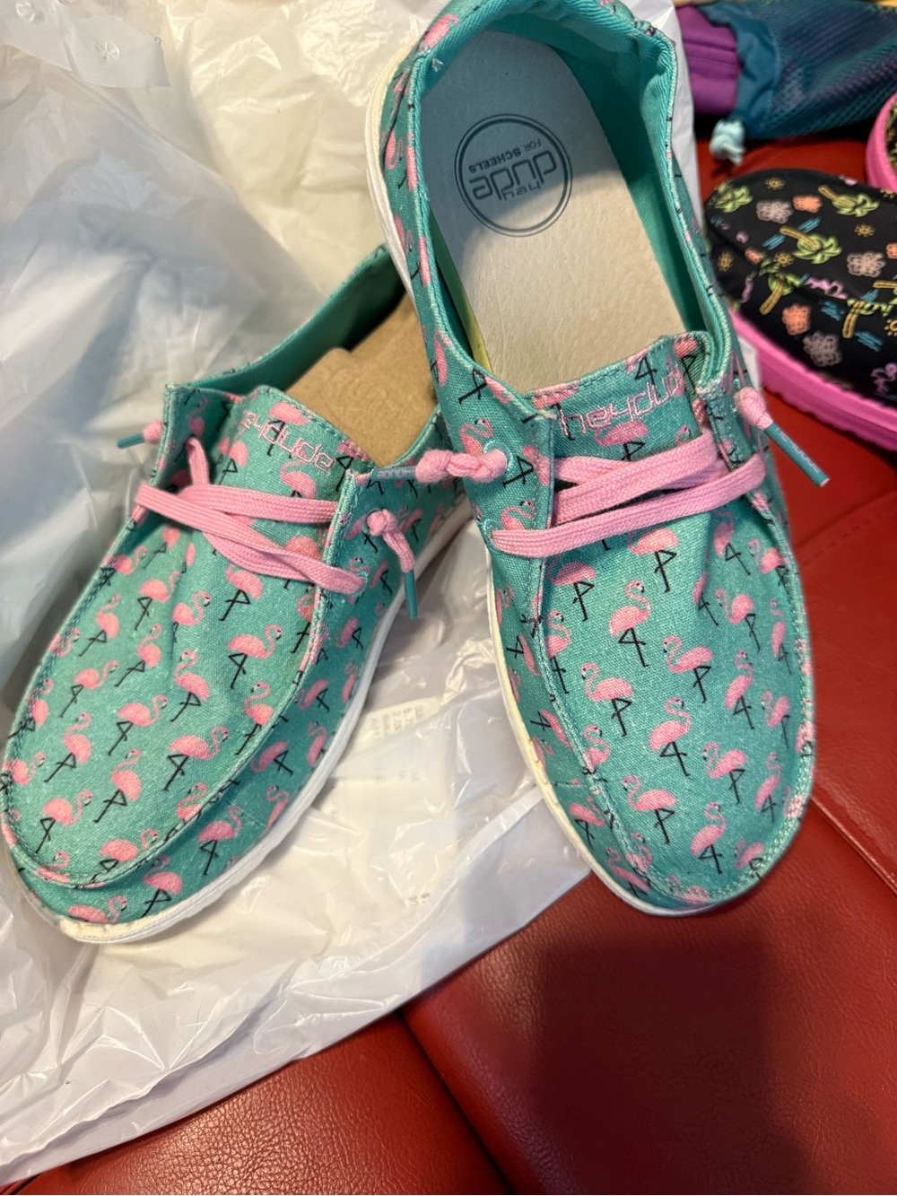 Hey Dude womens with Pink Flamingo Print, size 9 aqua color , worn once